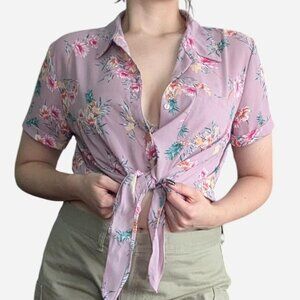 Soft pink floral button up with tie front detail